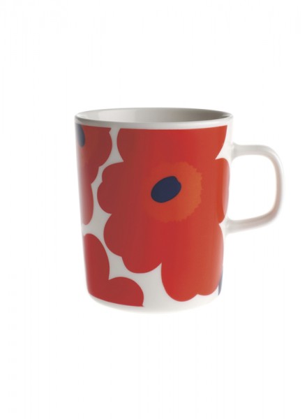 Marimekko - UNIKKO - Oiva - Henkel-Becher - 0,25l - weiß,blau,rot - Des.:Maija Isola - ca.9,5x8cm (H